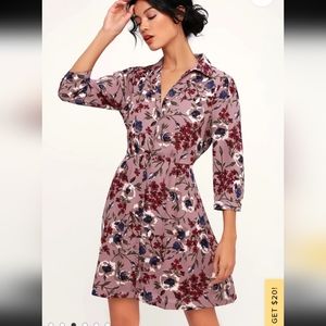 Lulus Mauve Floral 3/4 length Sleeve Mini Dress size Small